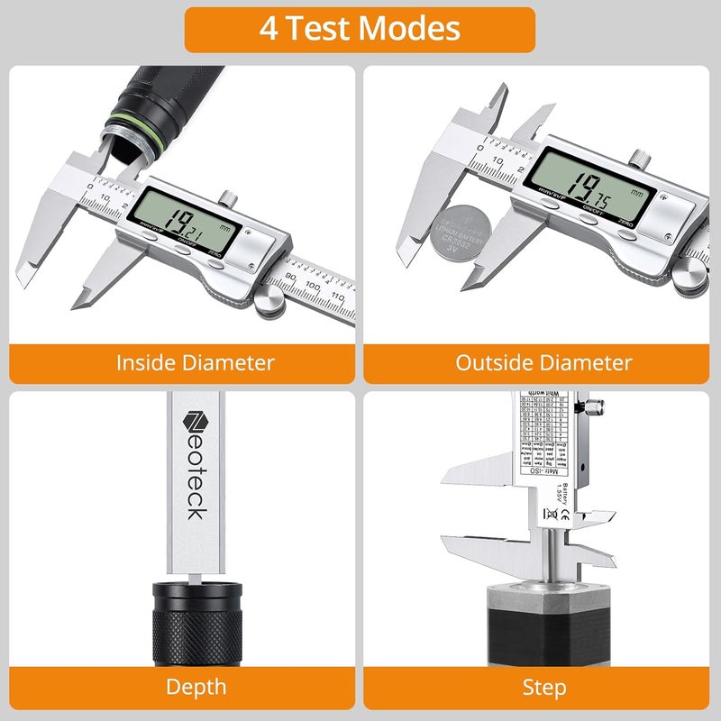 Neoteck 6 inch/150mm Digital Caliper Vernier Caliper Stainless Steel LCD Display Digital Caliper Measuring Tool with Fraction/Inch/MM Conversion Used for Inside,Outside Diameter,Depth,Step Measurement - Image 3